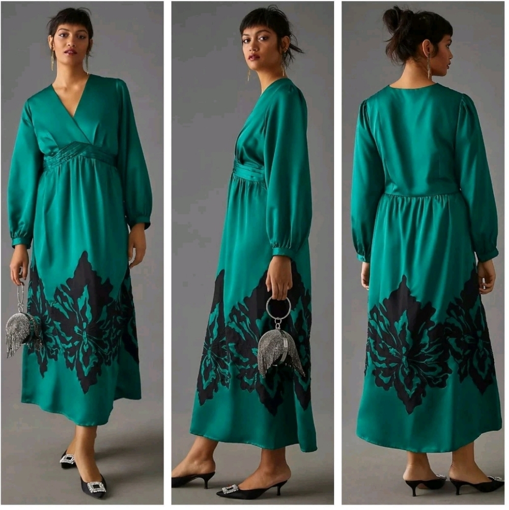 New Anthropologie Nikasha Embroidered Satin Dress Large LP